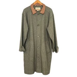 Vintage Eddie Bauer Olive Green Mens Wool Tweed Overcoat Leather Collar Medium